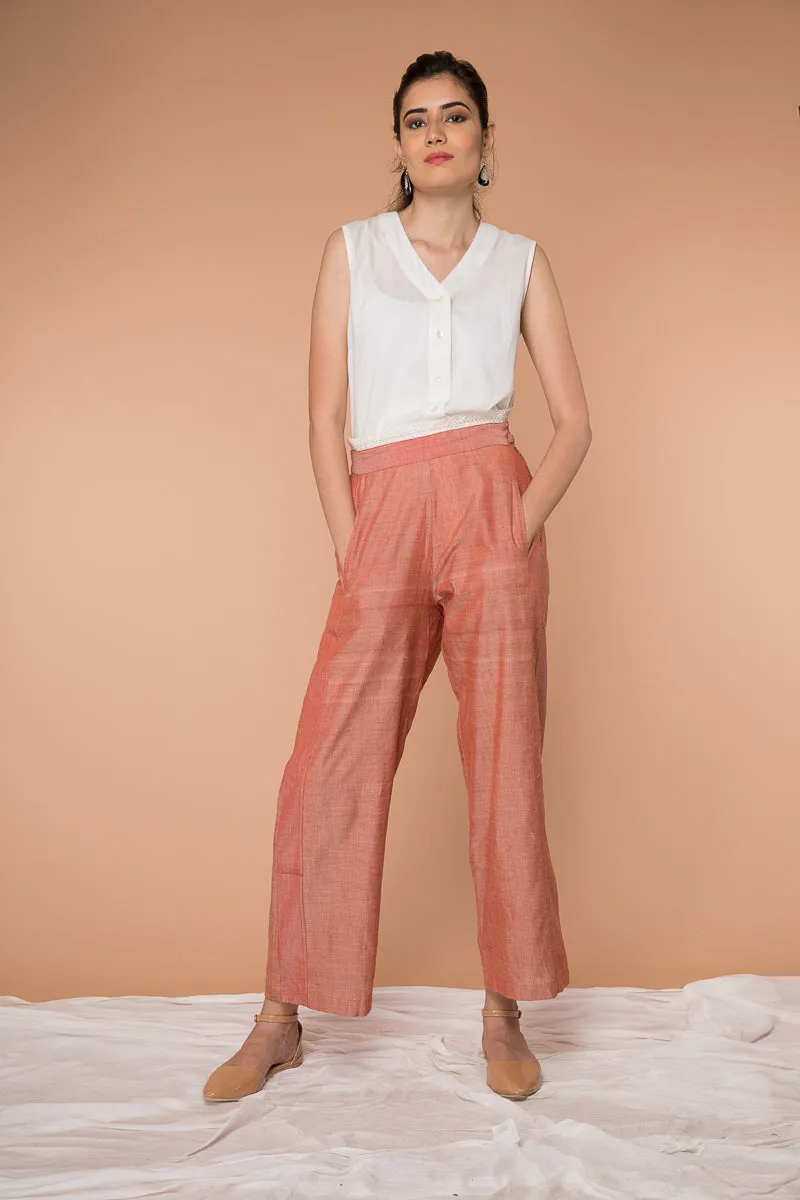 Loose Fit Straight Pants in Coral Hand Loom Cotton from Sambalpur
