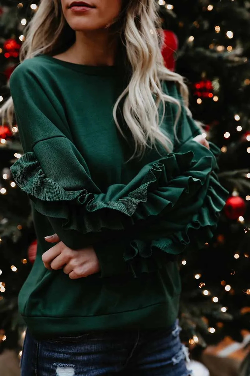 Loose Round Neck Ruffled Long Sleeves Tops