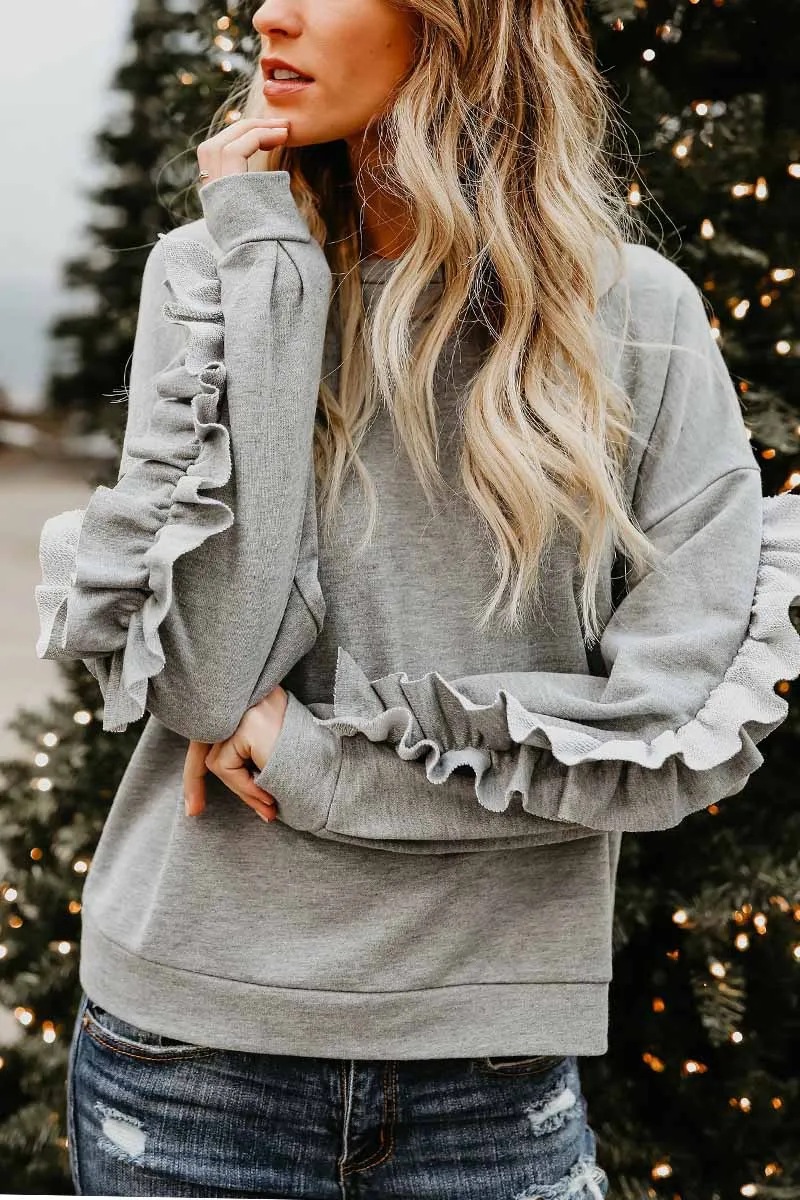 Loose Round Neck Ruffled Long Sleeves Tops