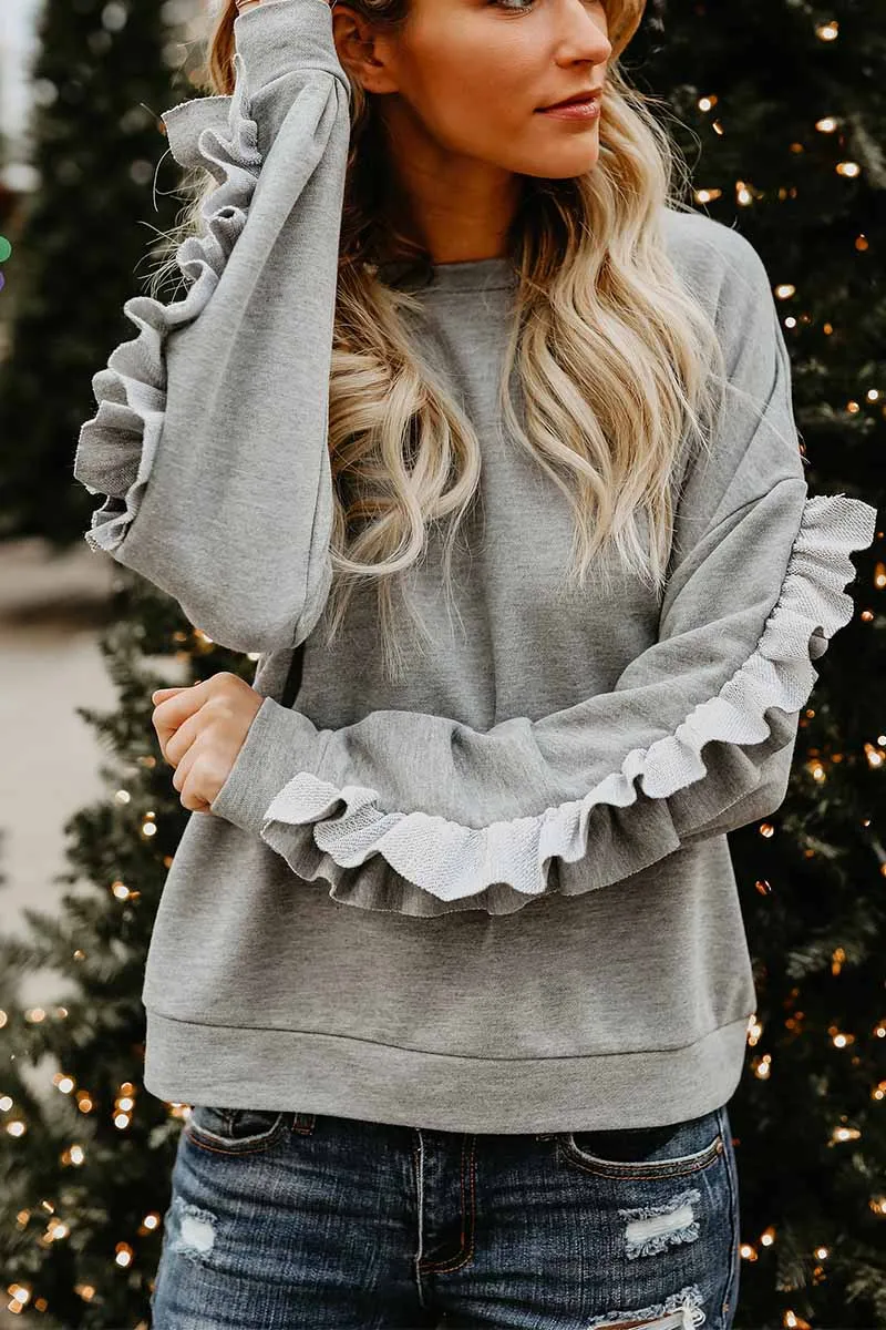 Loose Round Neck Ruffled Long Sleeves Tops