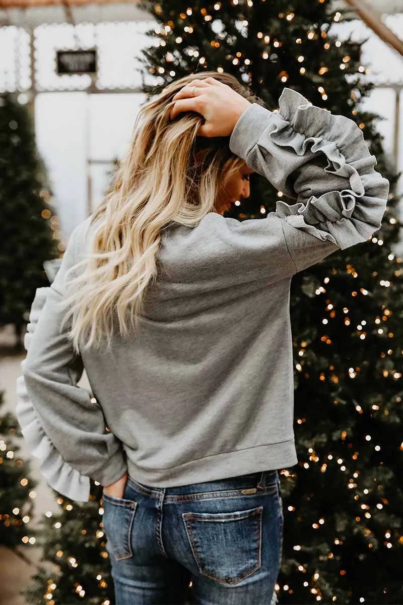 Loose Round Neck Ruffled Long Sleeves Tops