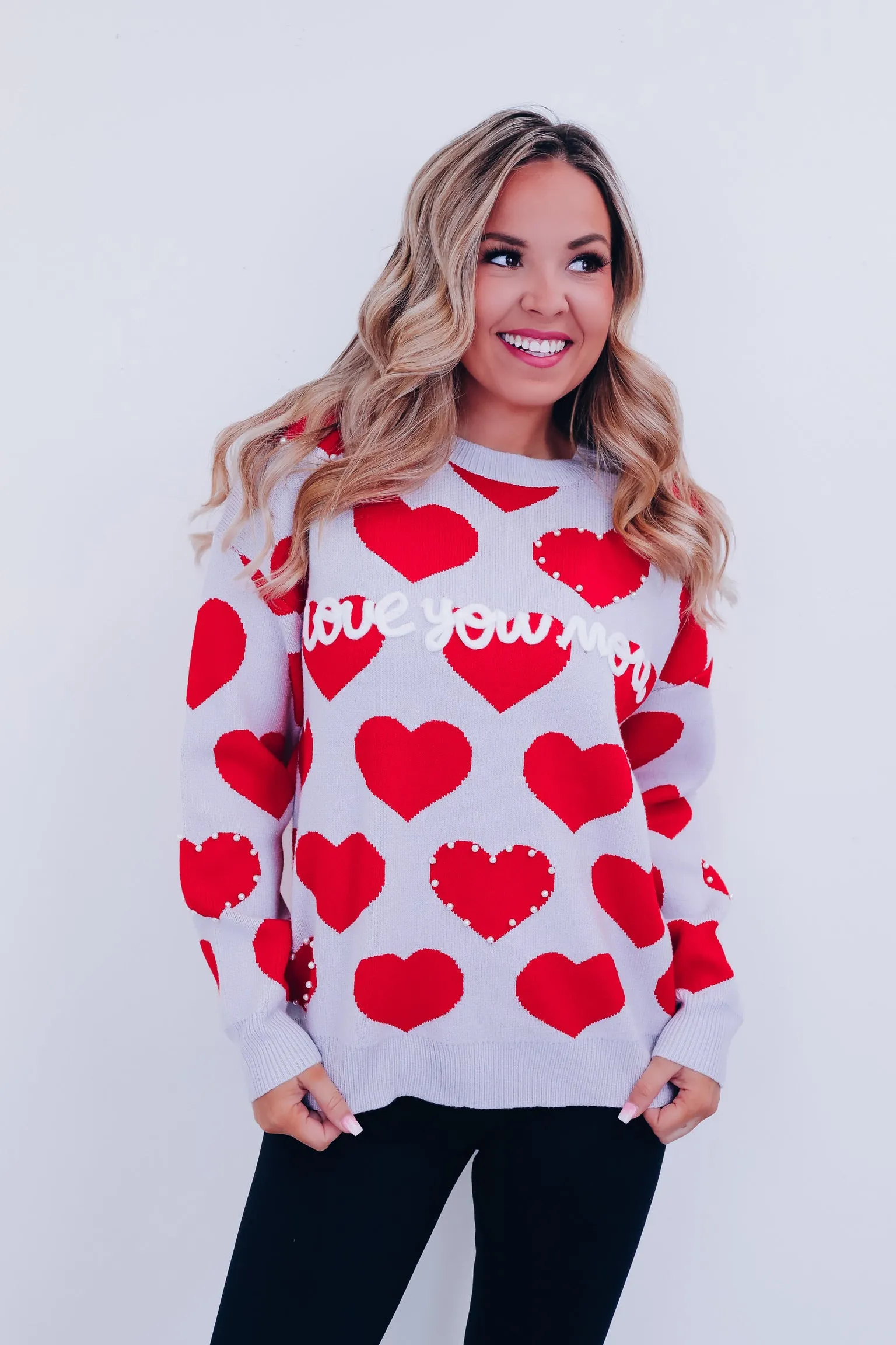 Love You More Sweater - Red/Grey