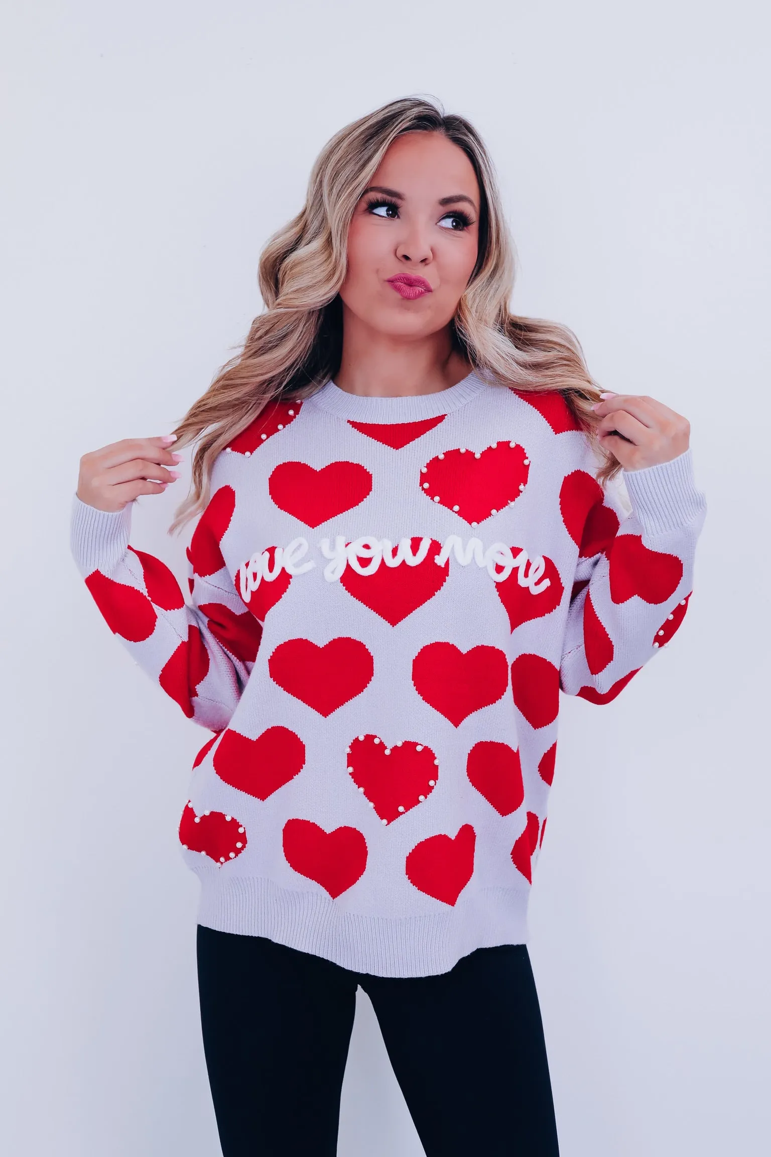 Love You More Sweater - Red/Grey