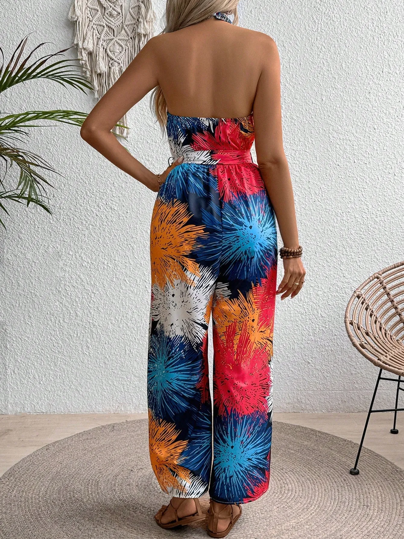 LUNE Casual Tie Dye Striped Wide Leg Halter Jumpsuit