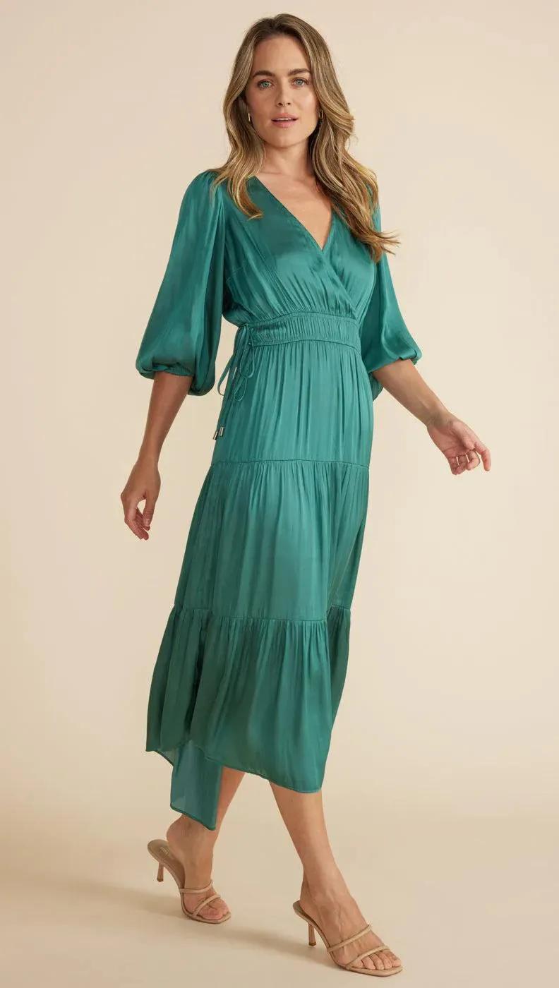 MINK PINK ANYA WRAP FRONT MIDI DRESS BRIGHT EMERALD