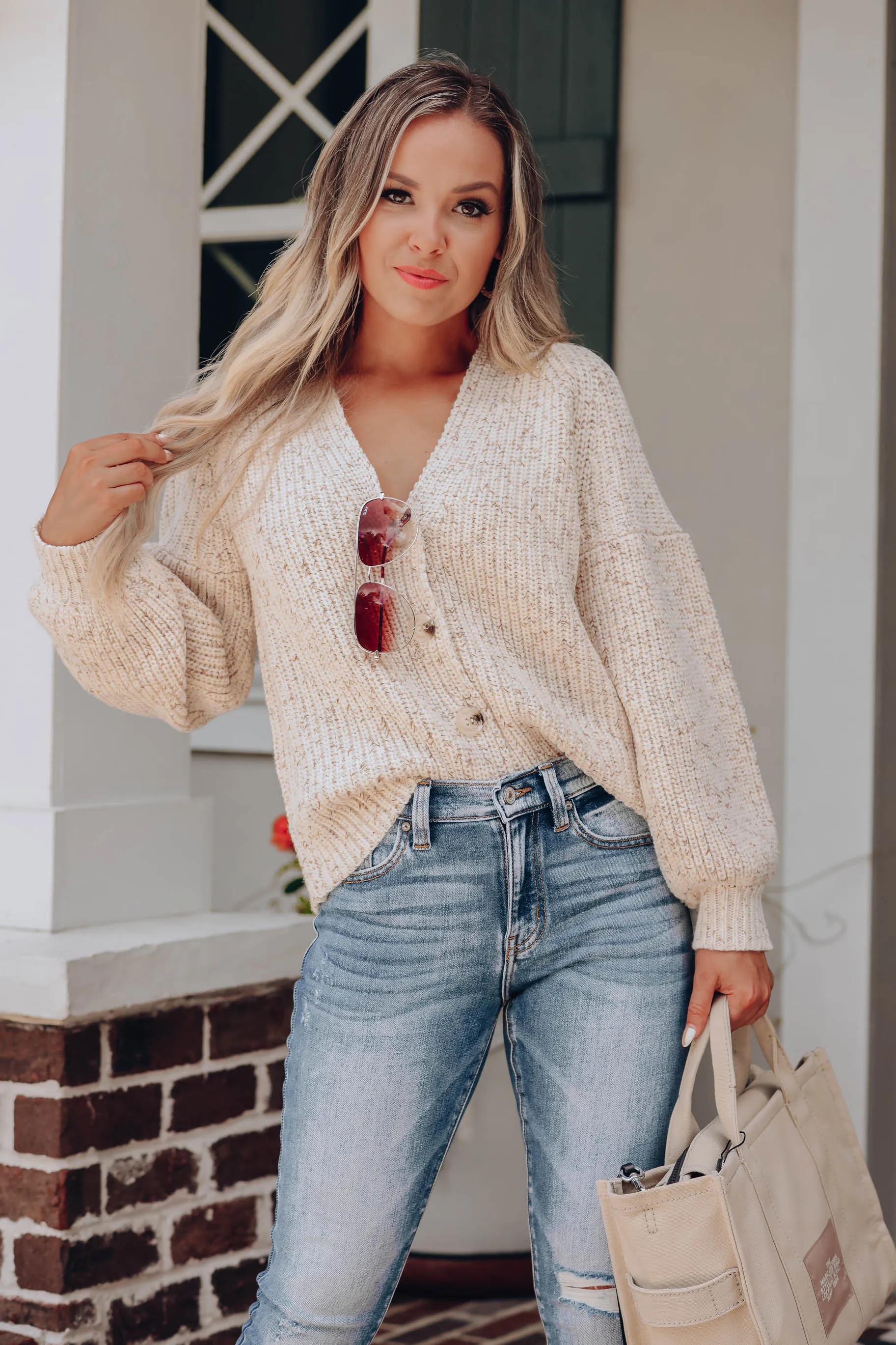 Mélange Puff Sleeve Cardigan