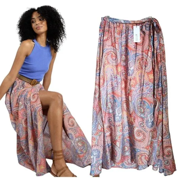Molly‎ Bracken Maxi Wrap Skirt Size Large Paisley Southwestern Flowy Pink NWT