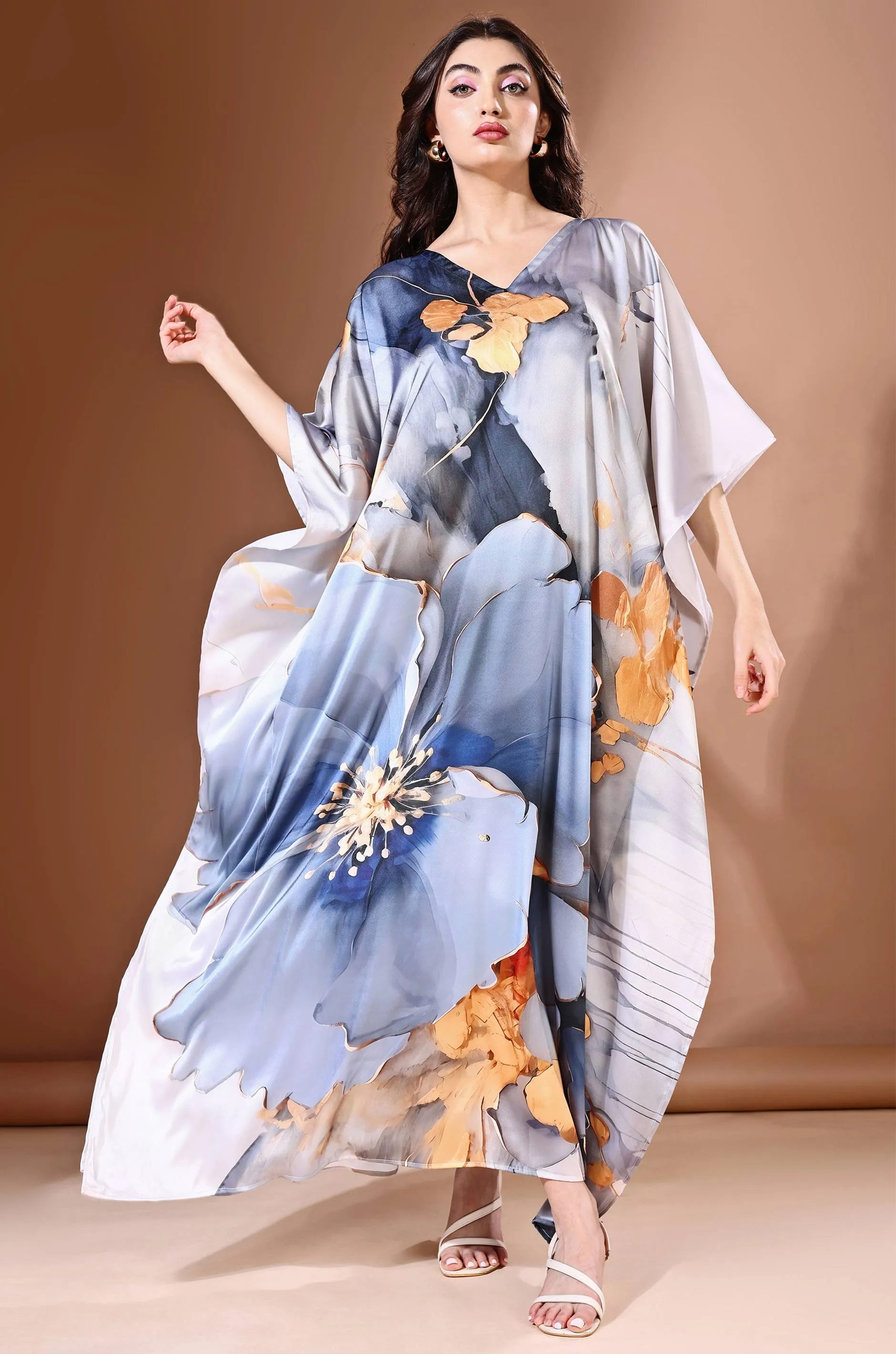 Moonlight Ash Soft Satin Kaftan with Digital Print