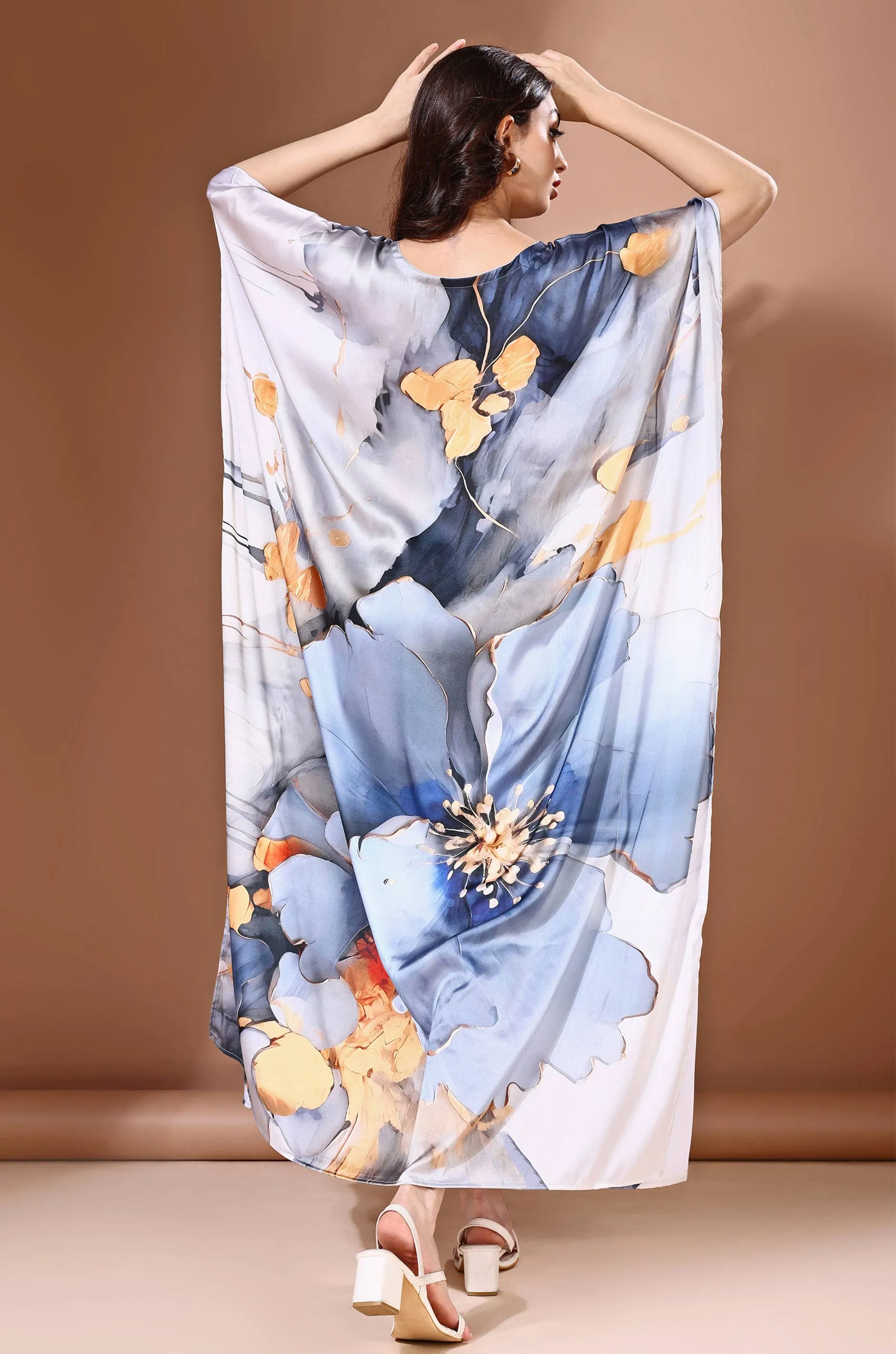 Moonlight Ash Soft Satin Kaftan with Digital Print