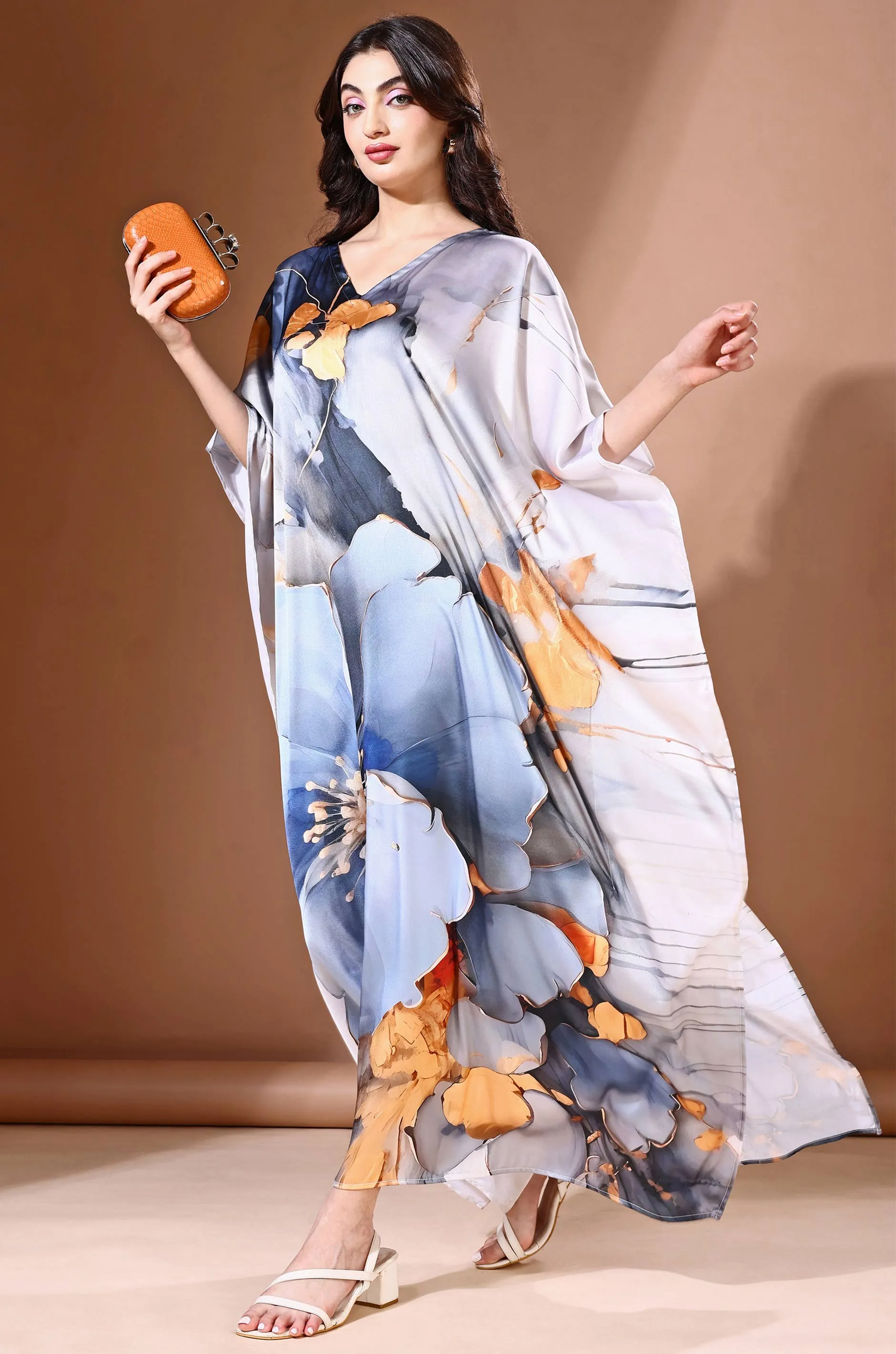 Moonlight Ash Soft Satin Kaftan with Digital Print