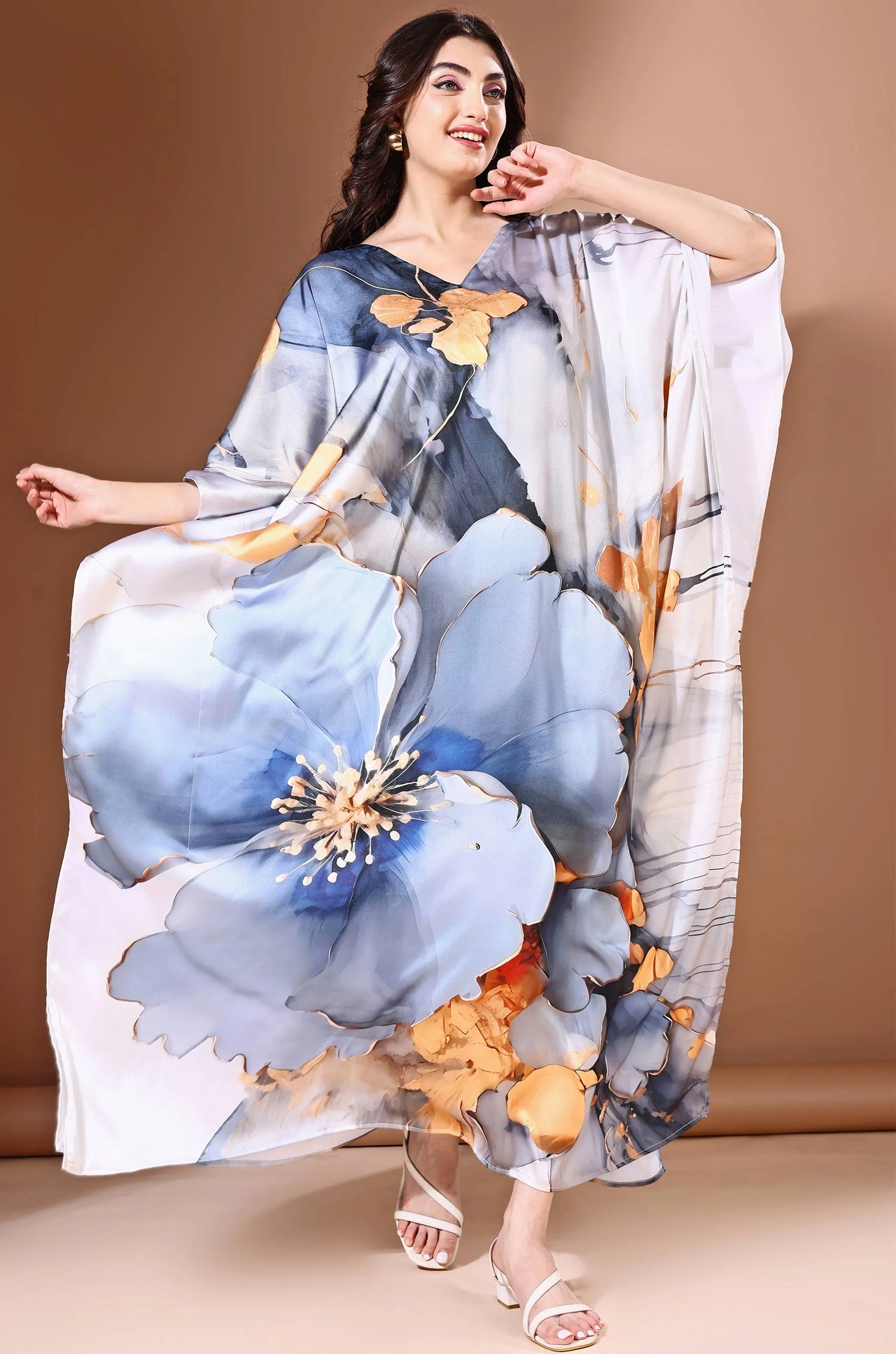 Moonlight Ash Soft Satin Kaftan with Digital Print