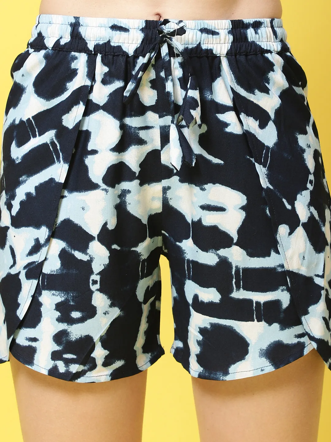Navy Color Abstract Printed Viscose Rayon Printed Shorts For Women
