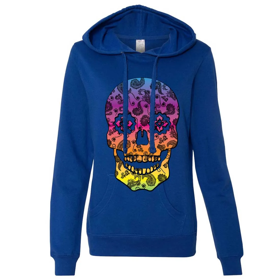 Neon Paisley Print Sugar Skull Ladies Lt./Wt. Hoodie