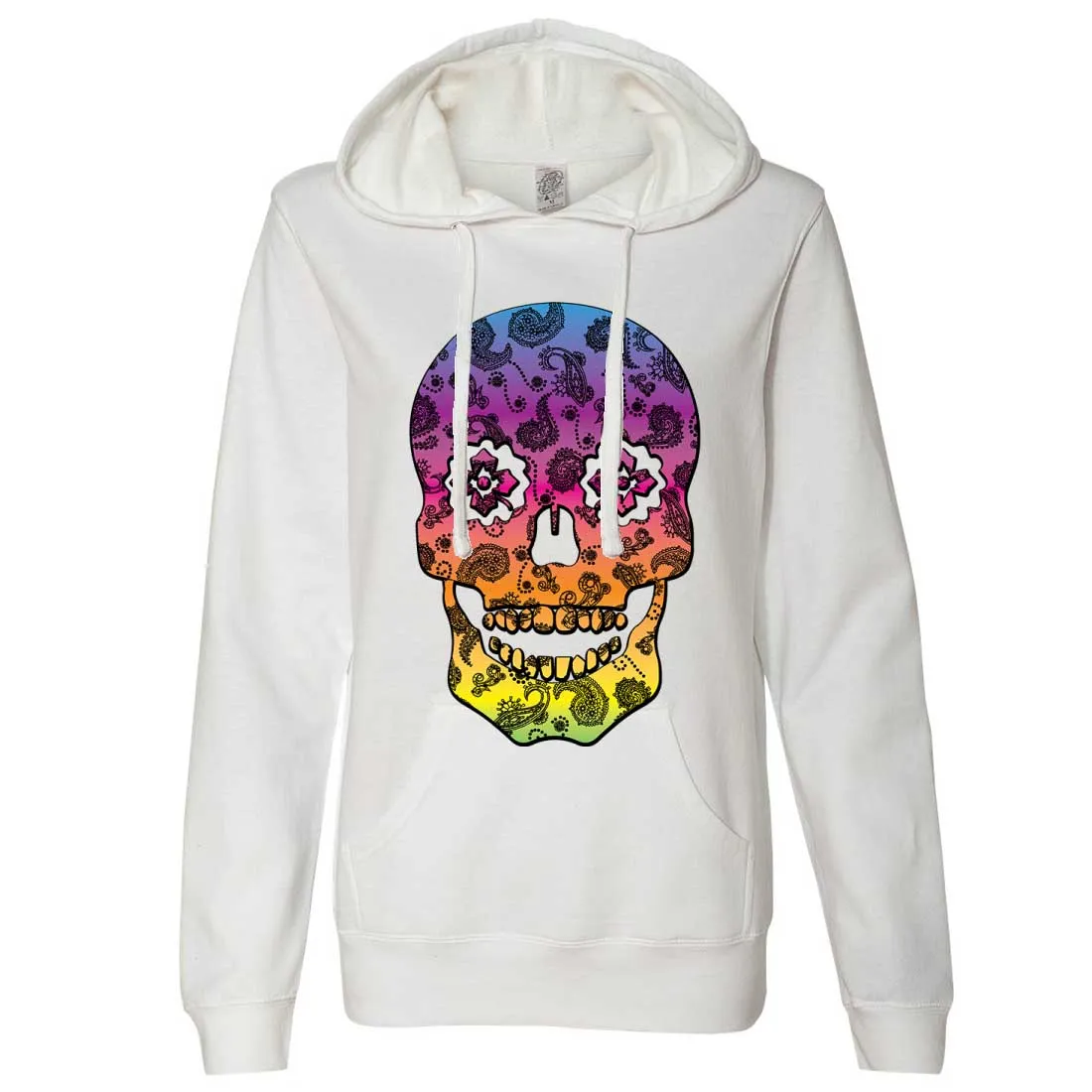 Neon Paisley Print Sugar Skull Ladies Lt./Wt. Hoodie