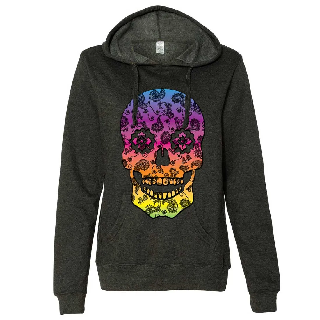 Neon Paisley Print Sugar Skull Ladies Lt./Wt. Hoodie