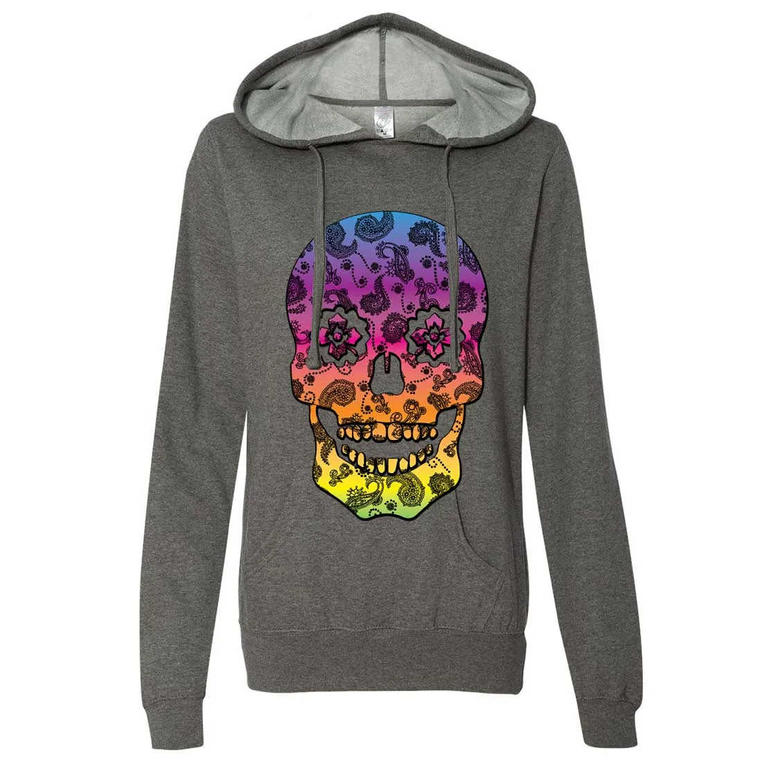Neon Paisley Print Sugar Skull Ladies Lt./Wt. Hoodie