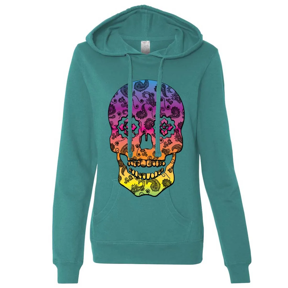 Neon Paisley Print Sugar Skull Ladies Lt./Wt. Hoodie