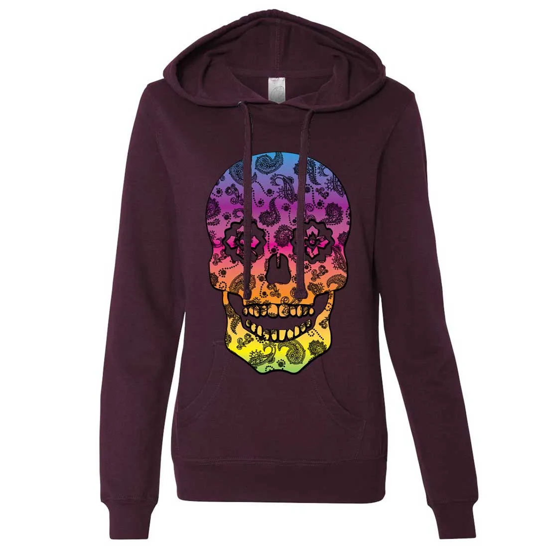 Neon Paisley Print Sugar Skull Ladies Lt./Wt. Hoodie