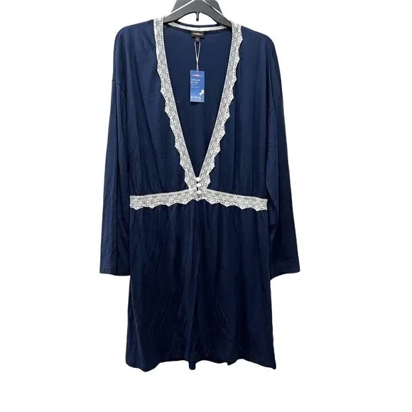 NWT Cosabella Lace Trim Flirty Sleep Robe in Navy Blue/ Moon Ivory MSRP$104