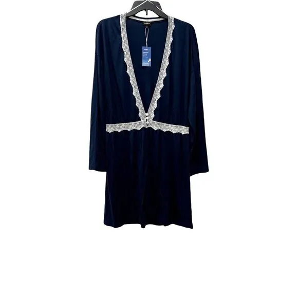NWT Cosabella Lace Trim Flirty Sleep Robe in Navy Blue/ Moon Ivory MSRP$104