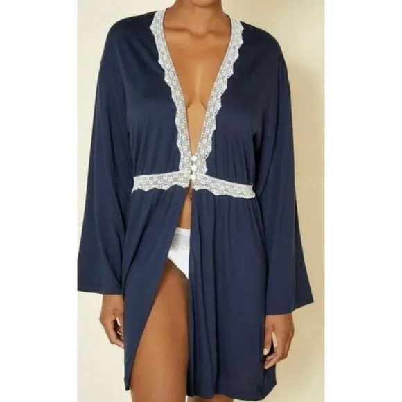 NWT Cosabella Lace Trim Flirty Sleep Robe in Navy Blue/ Moon Ivory MSRP$104