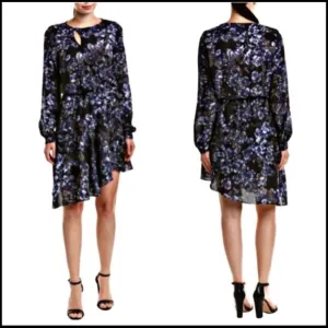 NWT PARKER DARK BLUEBONNET FLORAL FAUX-WRAP ASYMMETRICAL DRESS L