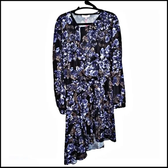 NWT PARKER DARK BLUEBONNET FLORAL FAUX-WRAP ASYMMETRICAL DRESS L