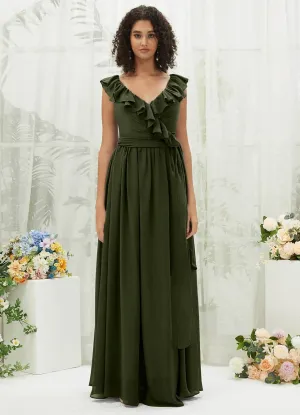 Olive Chiffon Ruffle Cross Straps V-Neck Wrap Bridesmaid Dress