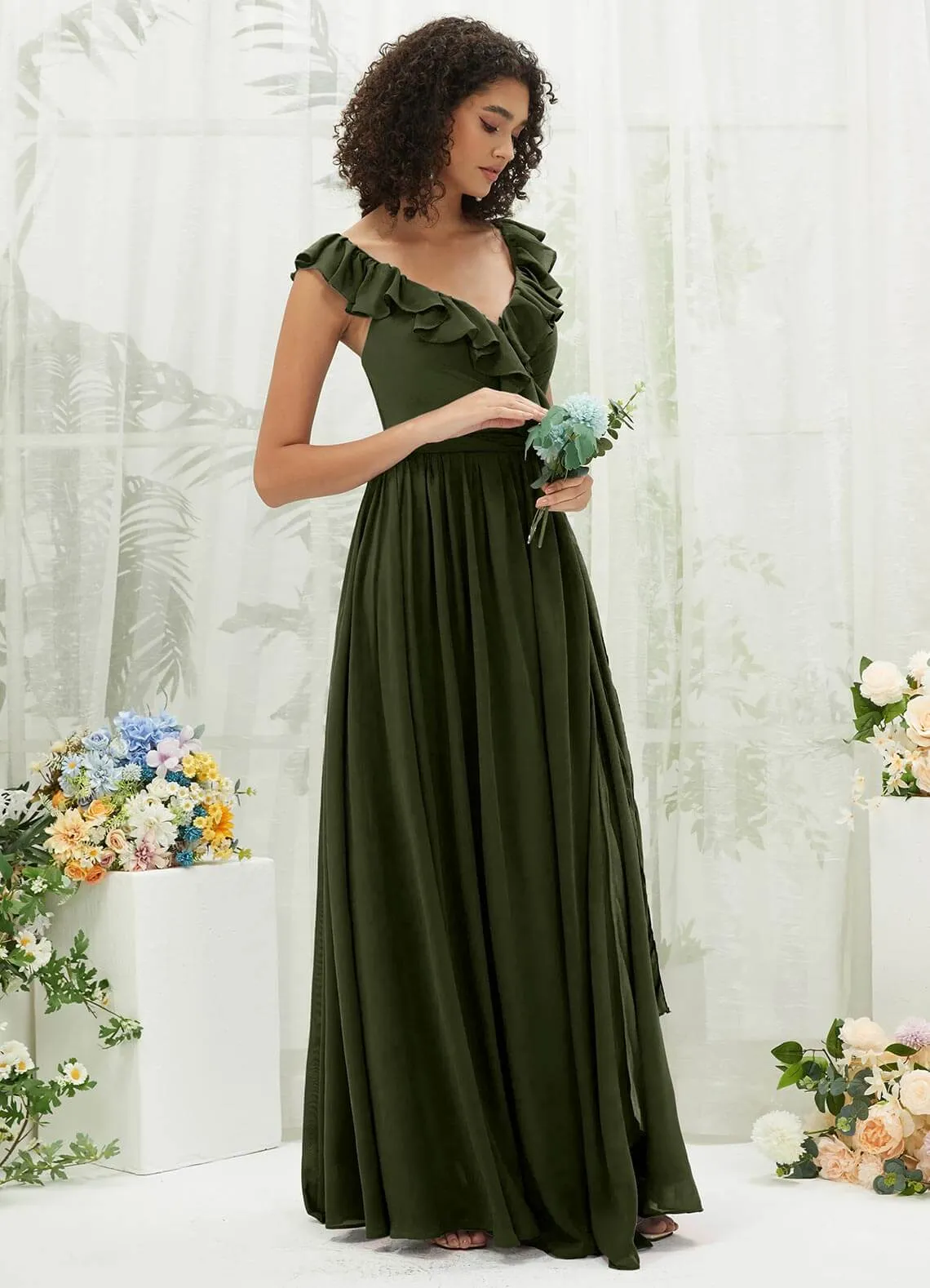 Olive Chiffon Ruffle Cross Straps V-Neck Wrap Bridesmaid Dress
