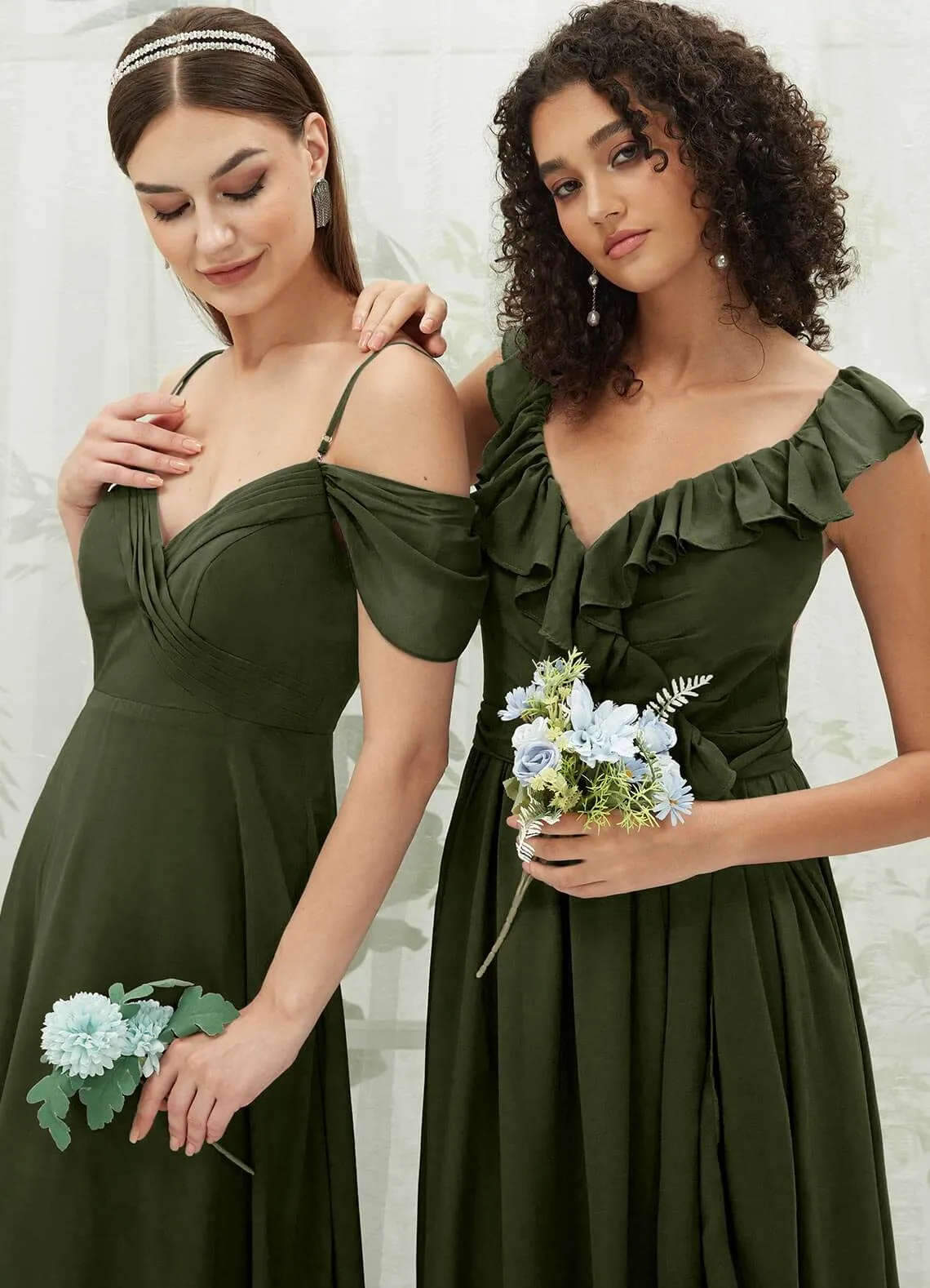 Olive Chiffon Ruffle Cross Straps V-Neck Wrap Bridesmaid Dress