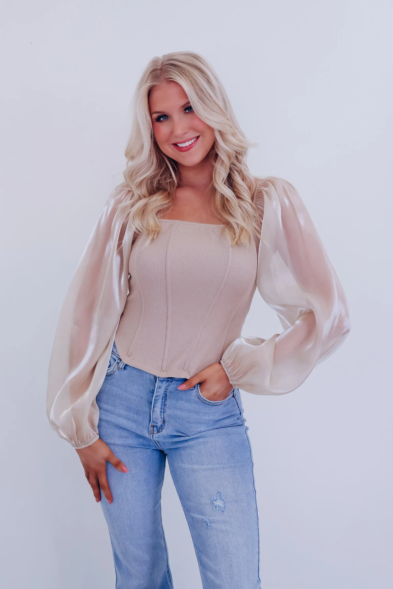 Ona Organza Sleeve Corset Top - Taupe