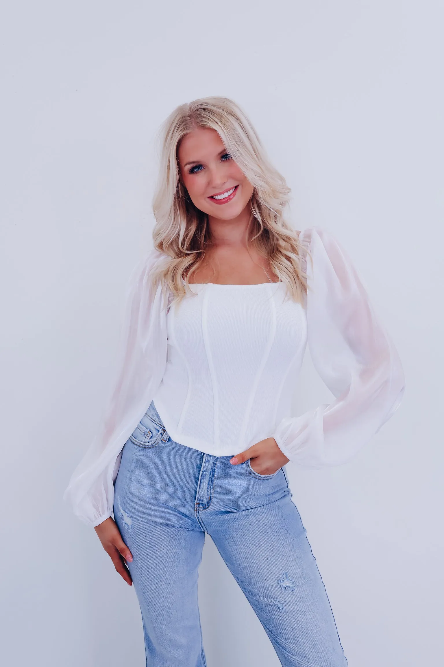 Ona Organza Sleeve Corset Top - White