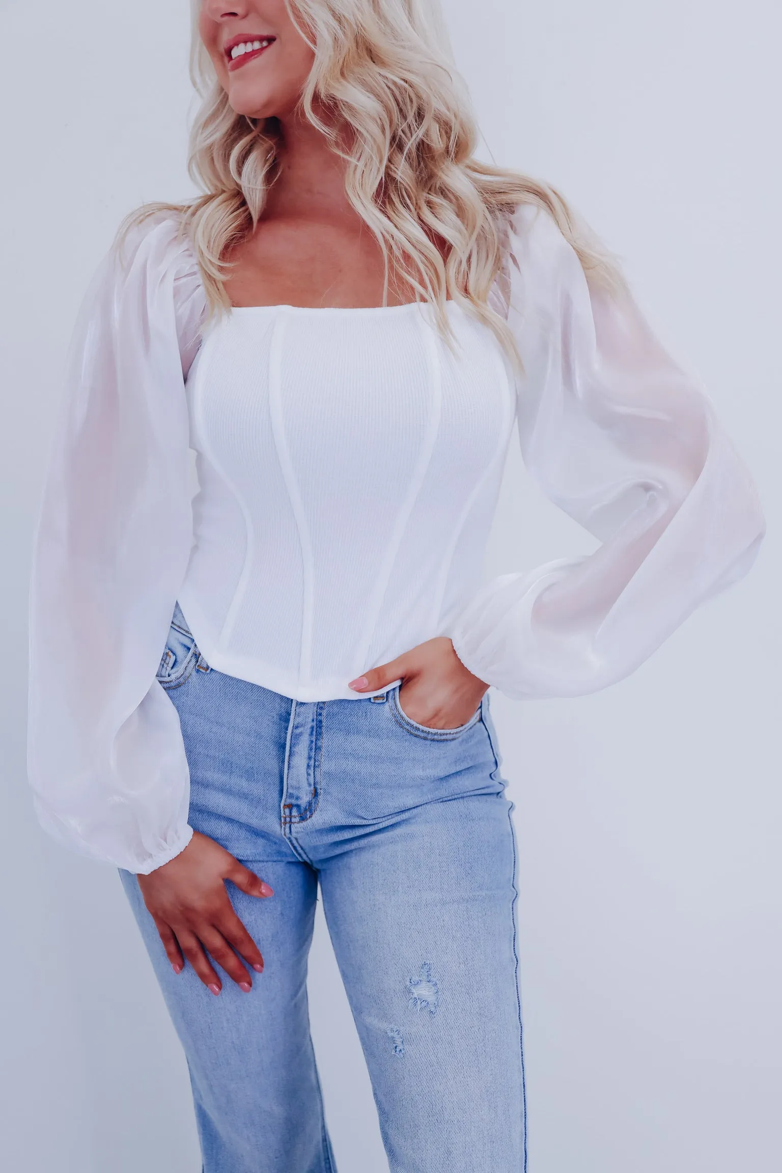 Ona Organza Sleeve Corset Top - White