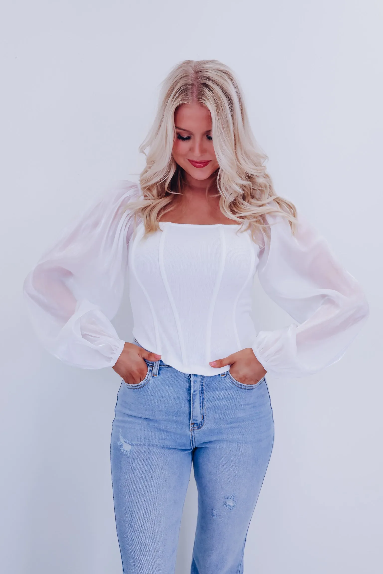 Ona Organza Sleeve Corset Top - White