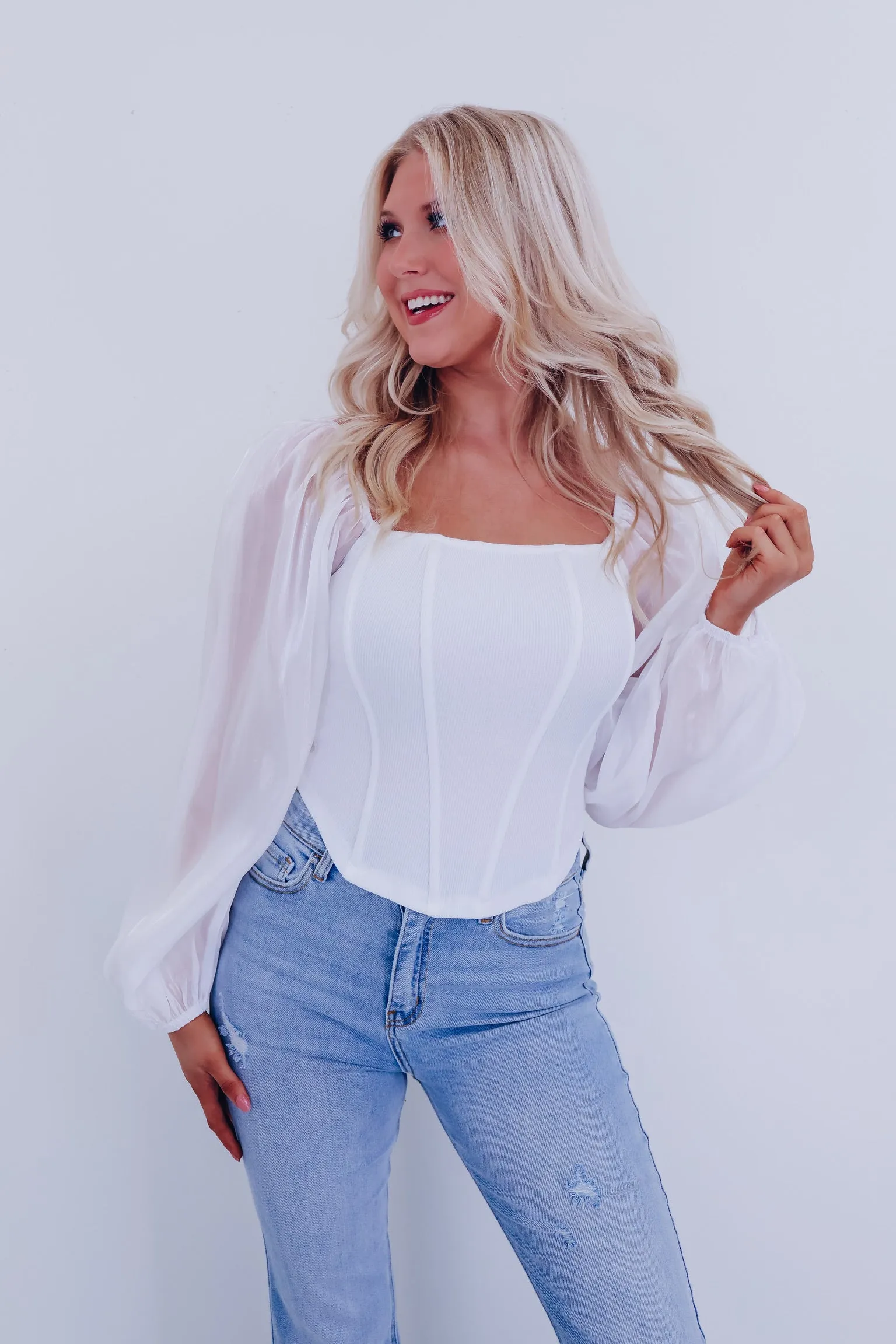 Ona Organza Sleeve Corset Top - White