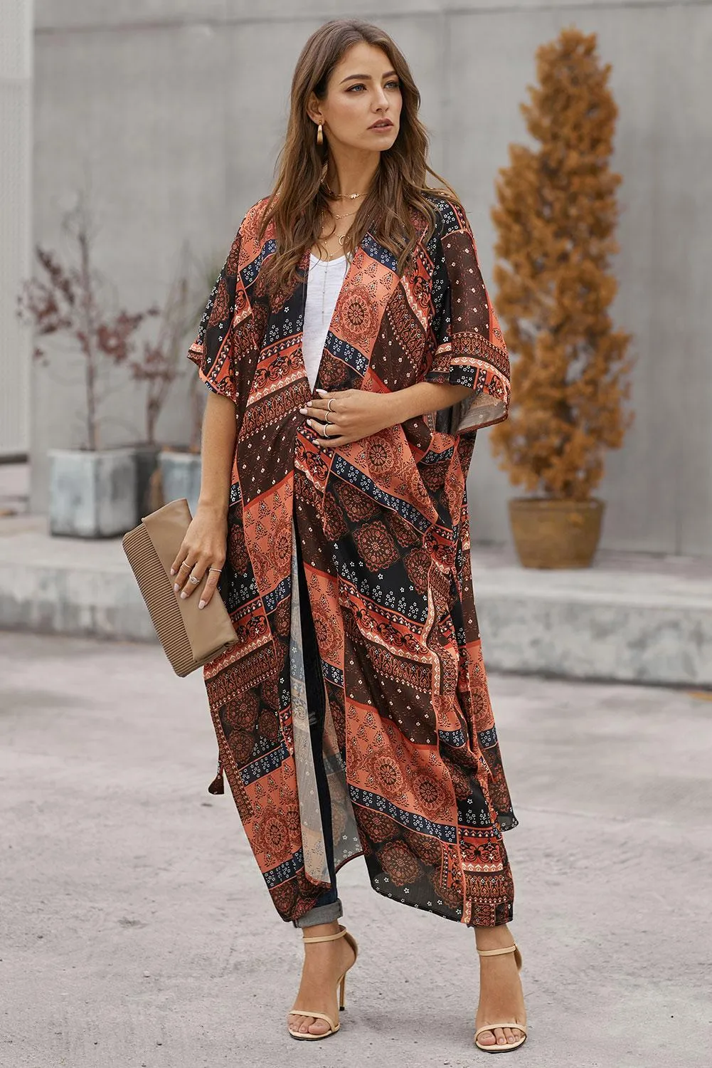Orange Bohemian Style Tie Long Kimono