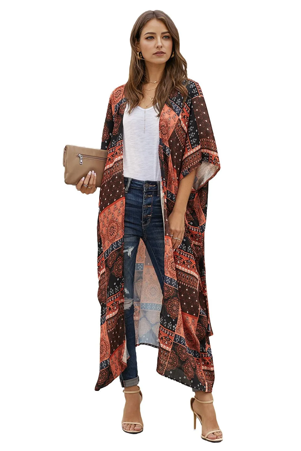 Orange Bohemian Style Tie Long Kimono