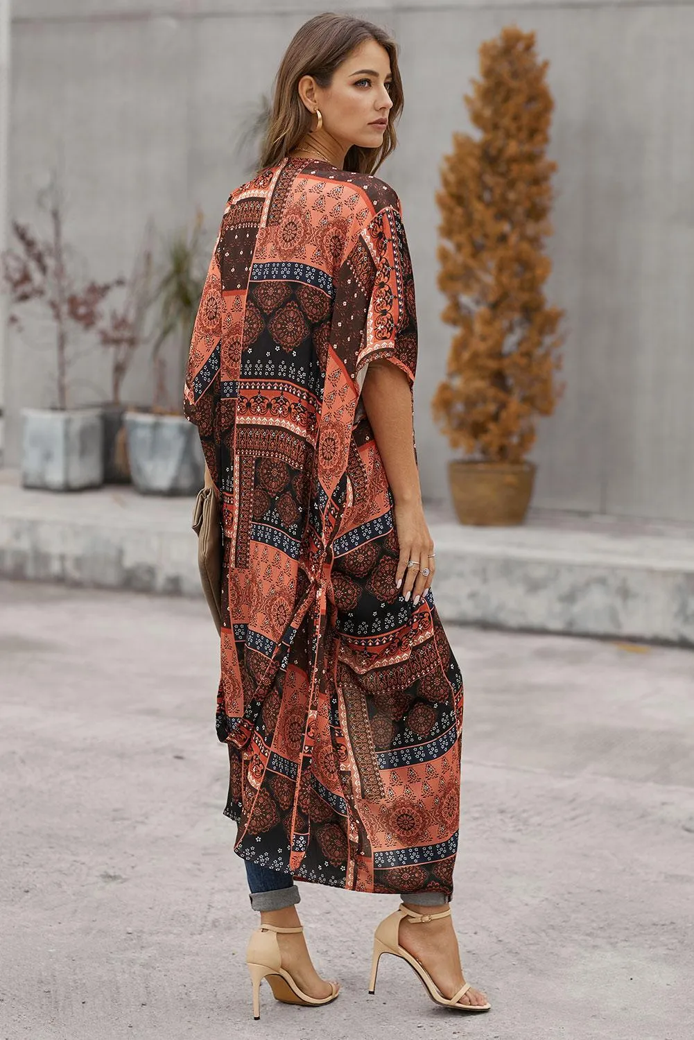 Orange Bohemian Style Tie Long Kimono