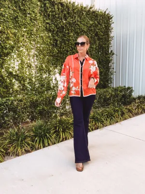 Orange Floral Scarf Print Button Front Blouse