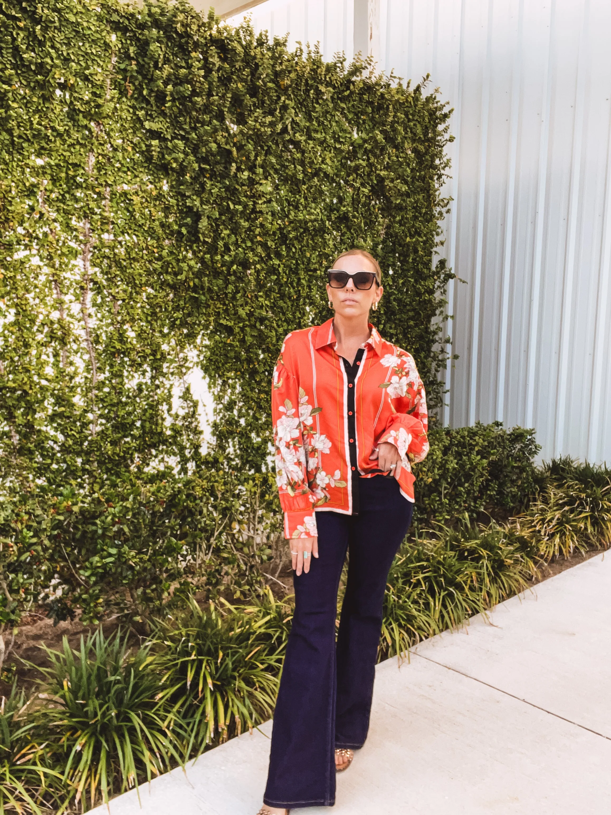 Orange Floral Scarf Print Button Front Blouse