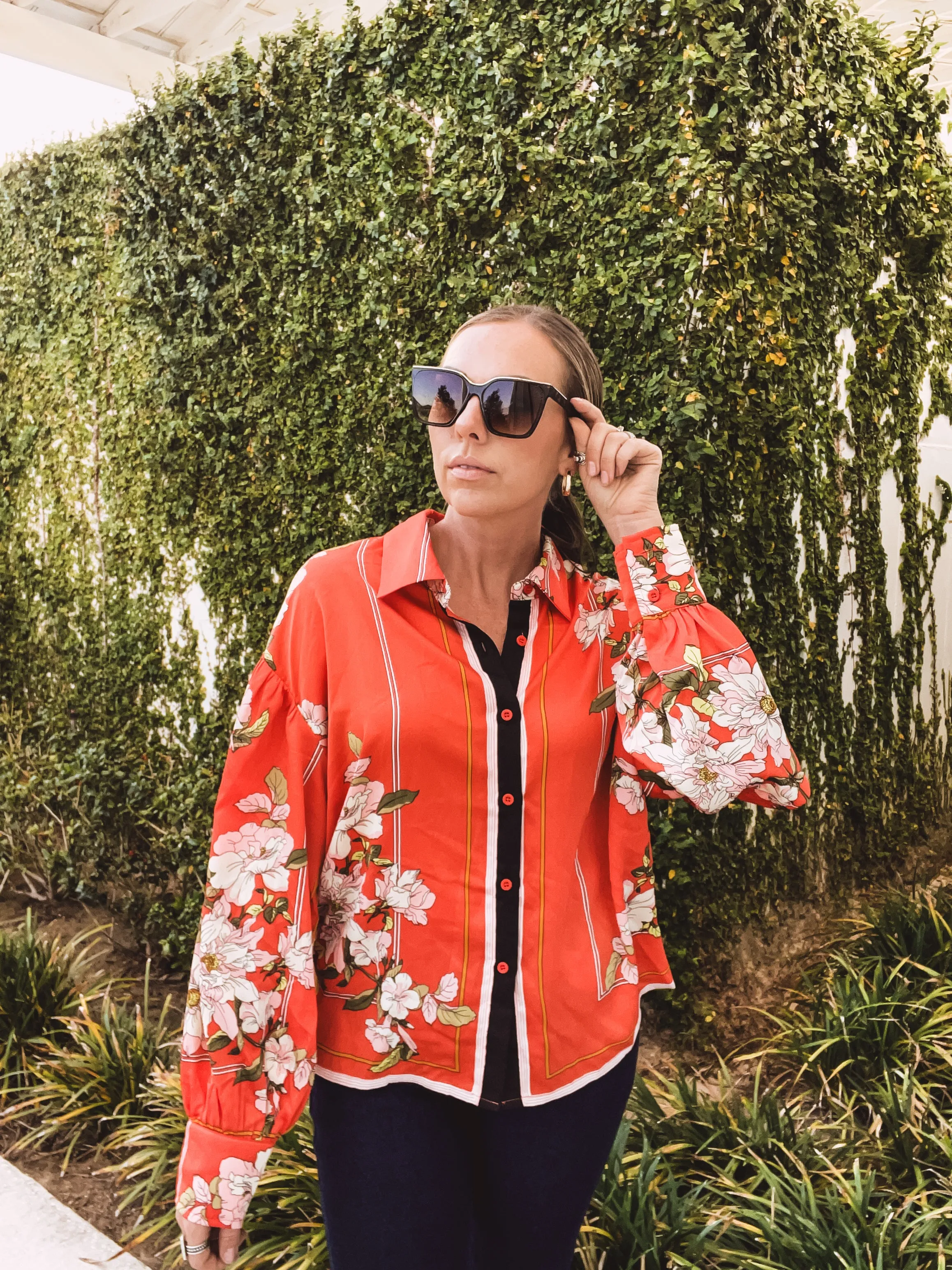 Orange Floral Scarf Print Button Front Blouse
