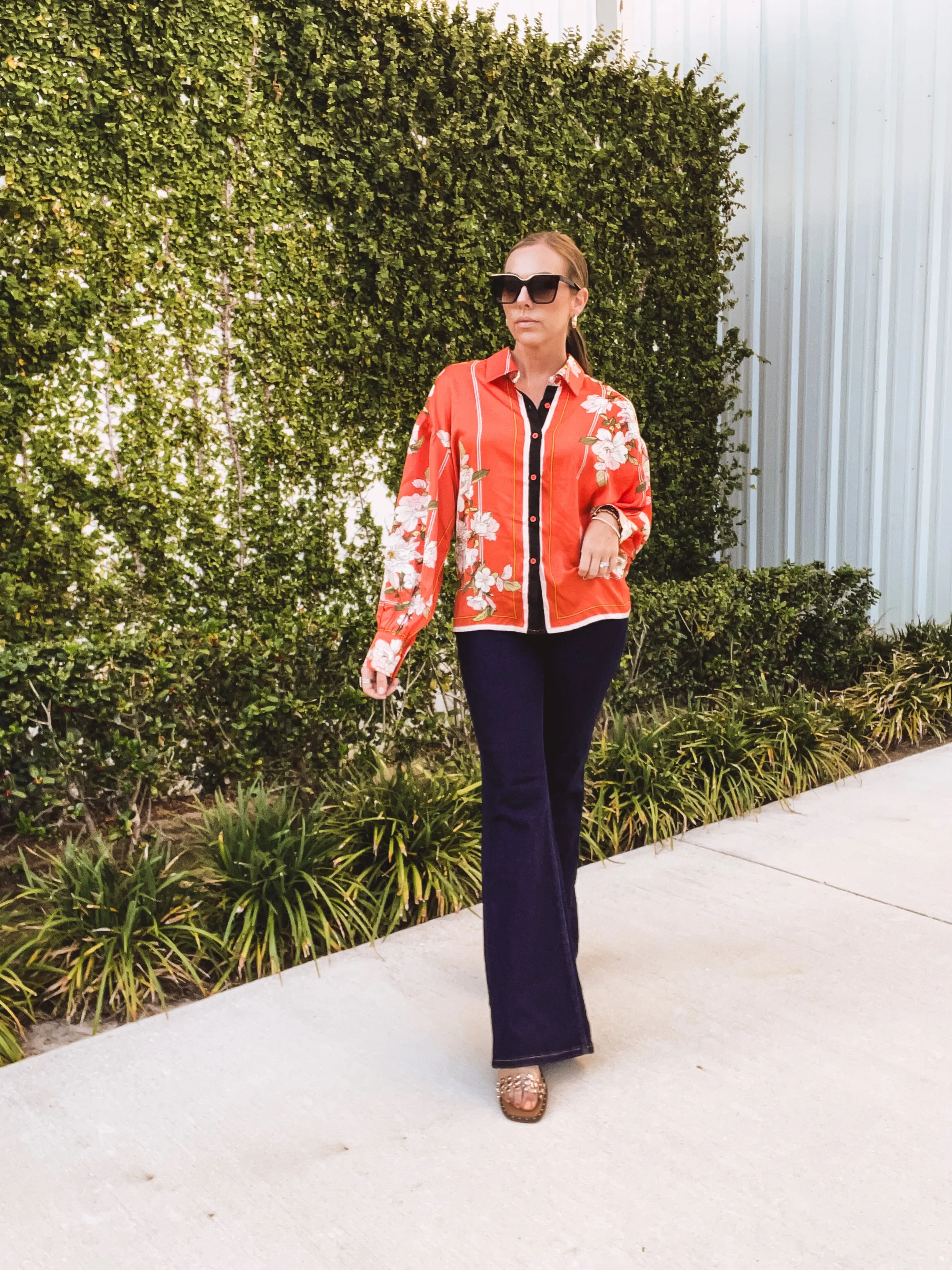 Orange Floral Scarf Print Button Front Blouse