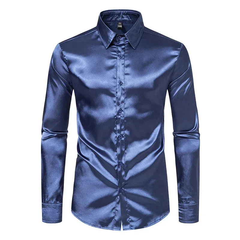 Orange Mens Silk Satin Shirt 70s Disco Dance Nightclub Dress Shirts Men Party Wedding Long Sleeve Casual Shirt