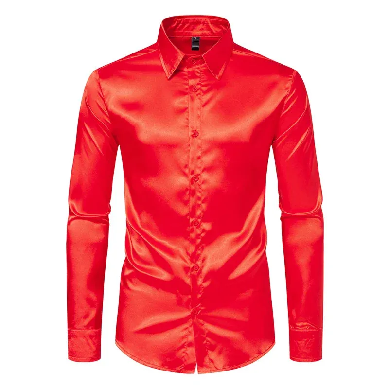 Orange Mens Silk Satin Shirt 70s Disco Dance Nightclub Dress Shirts Men Party Wedding Long Sleeve Casual Shirt