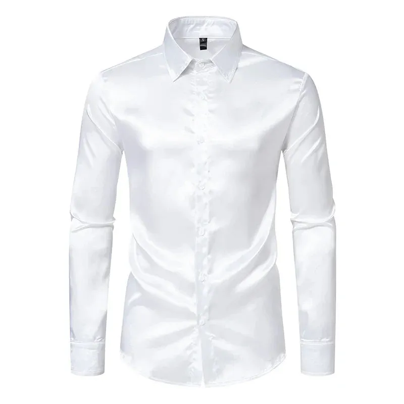 Orange Mens Silk Satin Shirt 70s Disco Dance Nightclub Dress Shirts Men Party Wedding Long Sleeve Casual Shirt