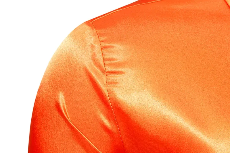 Orange Mens Silk Satin Shirt 70s Disco Dance Nightclub Dress Shirts Men Party Wedding Long Sleeve Casual Shirt