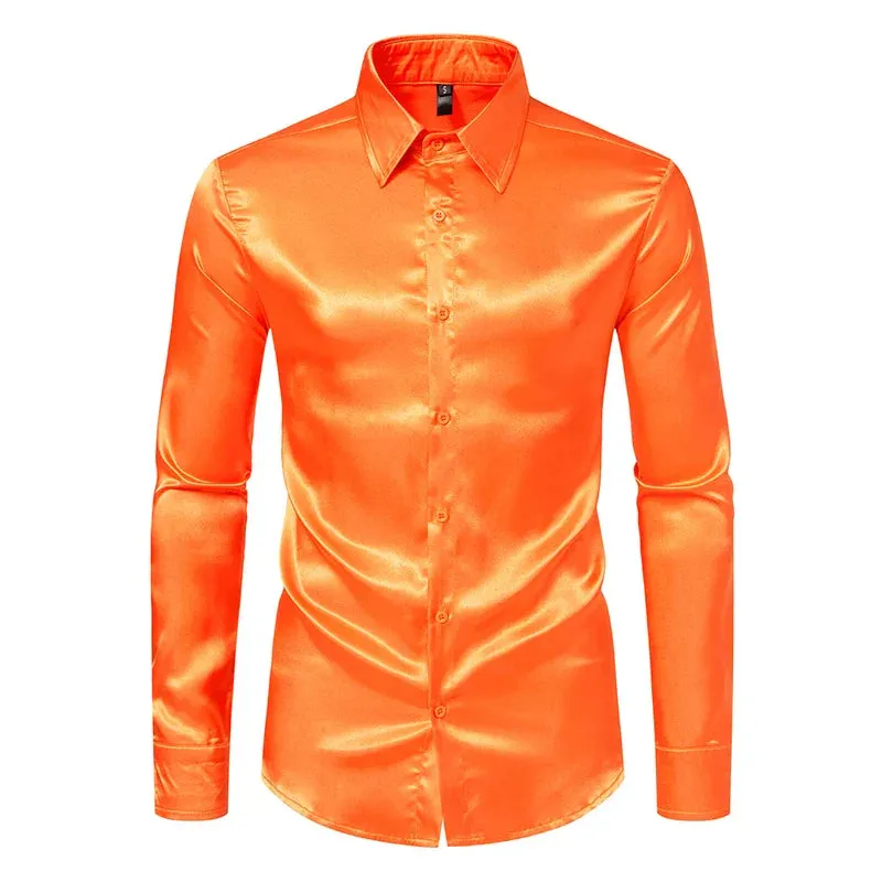 Orange Mens Silk Satin Shirt 70s Disco Dance Nightclub Dress Shirts Men Party Wedding Long Sleeve Casual Shirt
