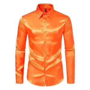 Orange Mens Silk Satin Shirt 70s Disco Dance Nightclub Dress Shirts Men Party Wedding Long Sleeve Casual Shirt