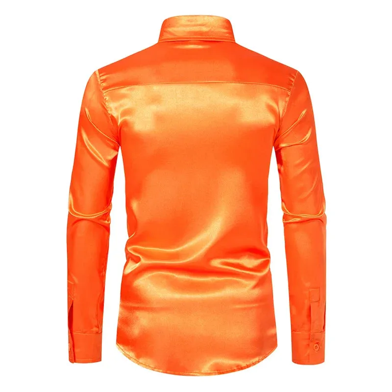 Orange Mens Silk Satin Shirt 70s Disco Dance Nightclub Dress Shirts Men Party Wedding Long Sleeve Casual Shirt