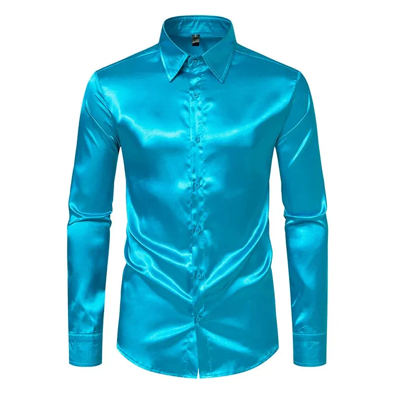 Orange Mens Silk Satin Shirt 70s Disco Dance Nightclub Dress Shirts Men Party Wedding Long Sleeve Casual Shirt